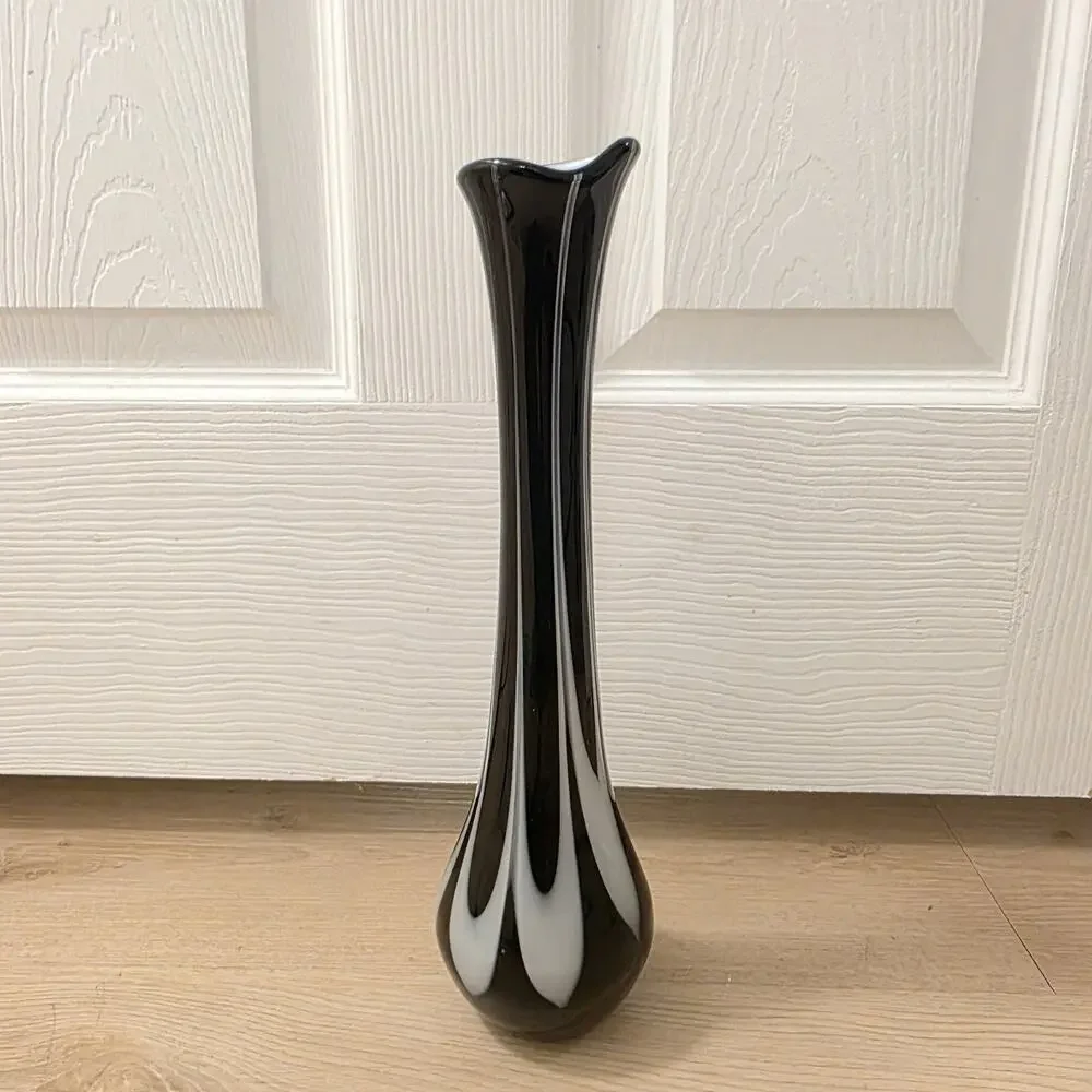 Black White‎ Handblown Decorative Contemporary Abstract Tall Glass Vase